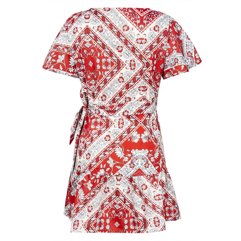 Nadafair, Boho, короткий рукав, Цветочное платье, женское, v-образный вырез, Инди фолк, на шнуровке, мини, с оборками, повседневное, летнее платье