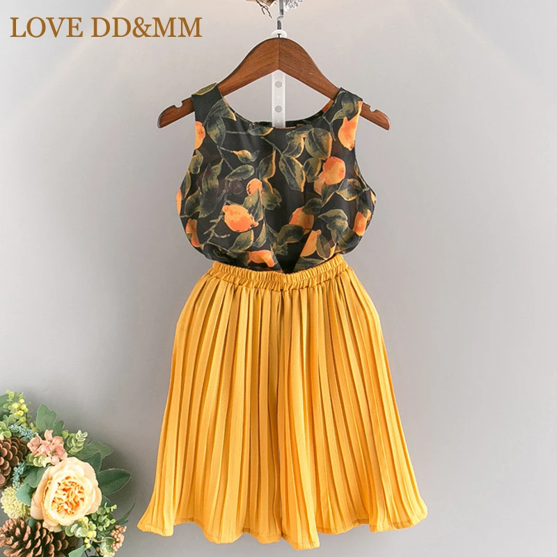 LOVE DD& MM/комплекты одежды для девочек; коллекция года; сезон лето; Новинка; модная шифоновая рубашка на лямках с фруктовым узором+ брюки; костюм - Цвет: Черный