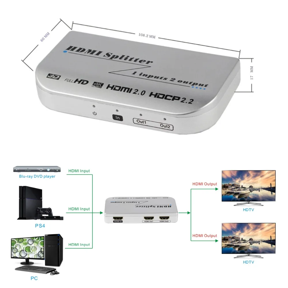 HDMI сплиттер 1X2 4Kx2K @ 60 Гц 1 вход 2 выхода Full HD 1080 p Поддержка HDCP 0 Видео Аудио конвертер