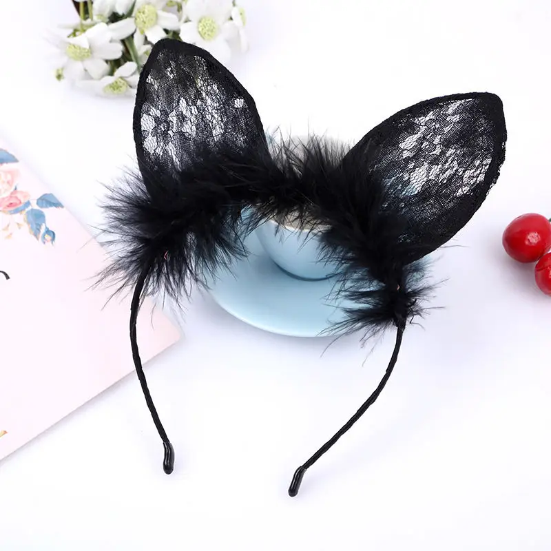 Повязка на голову с пушистыми перьями и кружевными кошачьими ушками| |