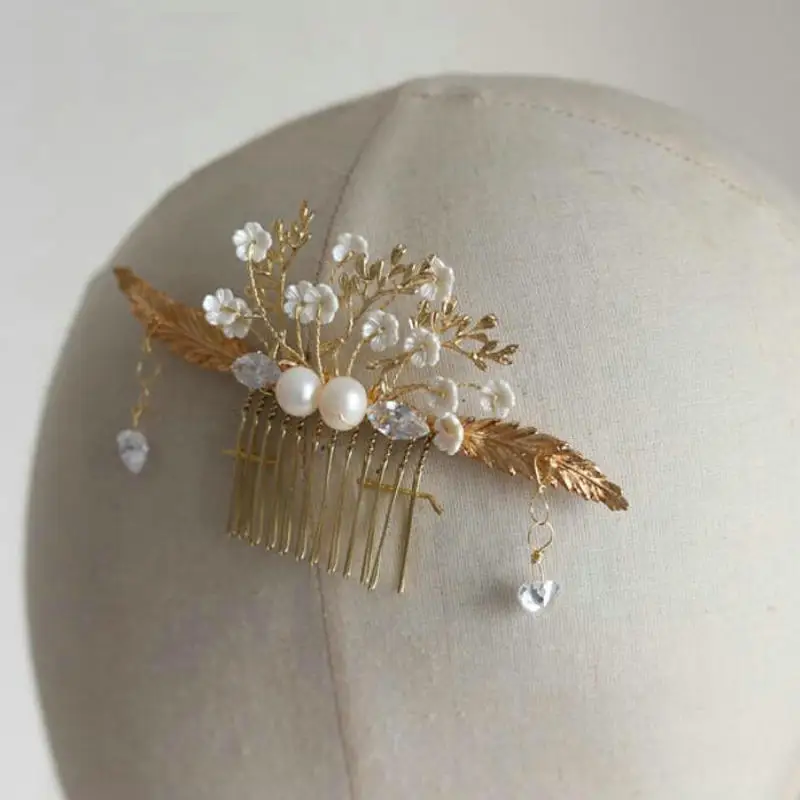 Greek Style Zircon Pearl Flower Comb Bridal Wedding headdress Golden Leaves Hair Accessories For Women | Украшения и аксессуары
