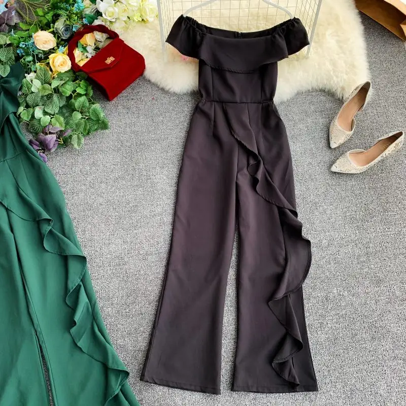 ALPHALMODA весенний женский Модный комбинезон с оборками и вырезом лодочкой, женские комбинезоны с высокой талией и широкими штанинами