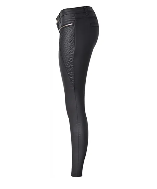 Невысоких черный PU Вышивка Лоскутное Джеггинсы Sculpt Skinny кожа джинсы модные панк кожаные узкие брюки с молниями