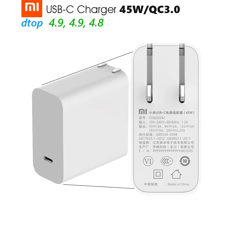 Xiaomi Mi USB-C зарядное устройство 45 Вт макс умный выход type-C порт USB PD 2,0 Быстрая зарядка QC 3,0 Подарочный кабель