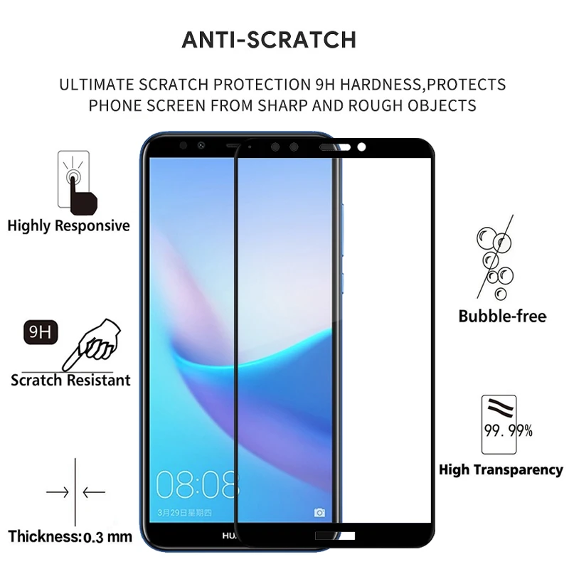 2 шт. 100% оригинальное закаленное стекло с полным покрытием для Huawei Y7 Prime 2018 9H