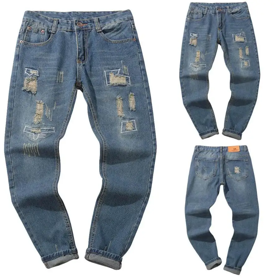 

Men Casual Autumn Denim Jeans Casual Cotton Hole Hip Pop Trousers Pants Mens Casual Denim Jeans Male Jeans Hommes Trouser