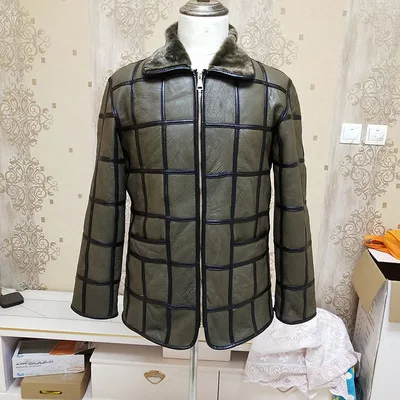 as picture Зимняя Теплая мужская меховая одна овечья стрижка кожаная клетчатая уличная хлопковая куртка кожаная куртка Толстая теплая кожа - Цвет: as picture