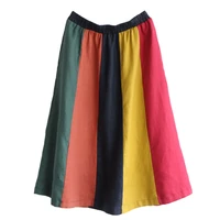 2019 fashion spring color stripe midi skirt women vintage art high waist skirts cotton and linen loose a line skirt