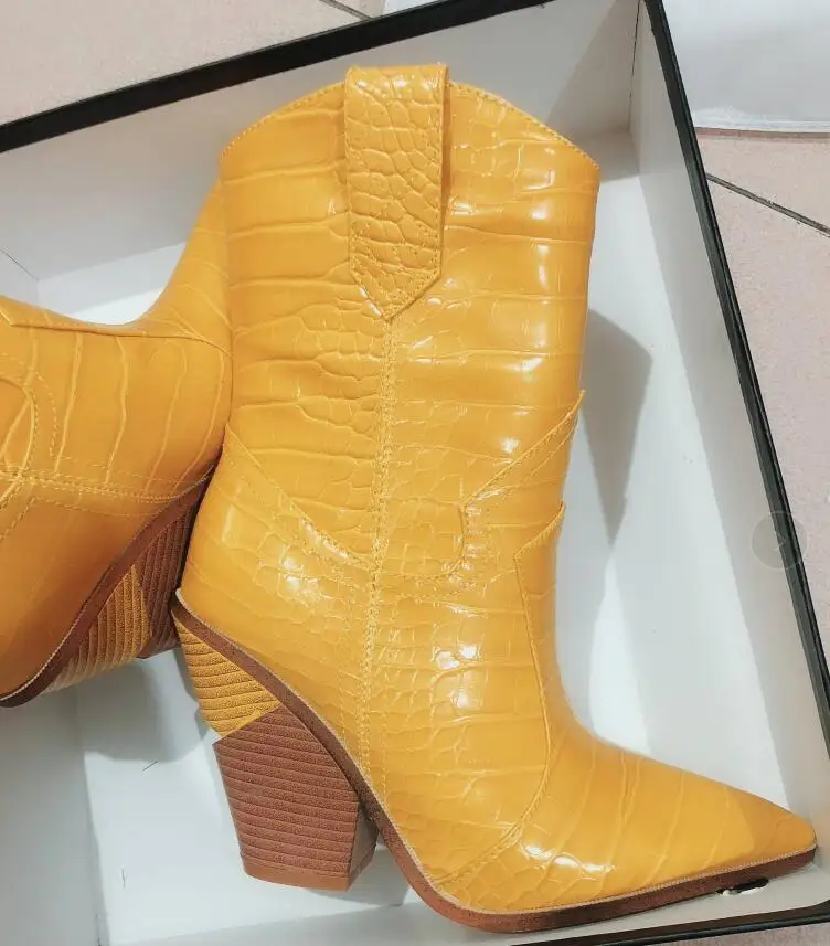 yellow short BuonoScarpe/ботинки в ковбойском стиле из крокодиловой кожи; Botas Mujer; ковбойские ботинки для женщин; дизайнерские ботинки до середины икры на массивной танкетке; - Цвет: yellow short