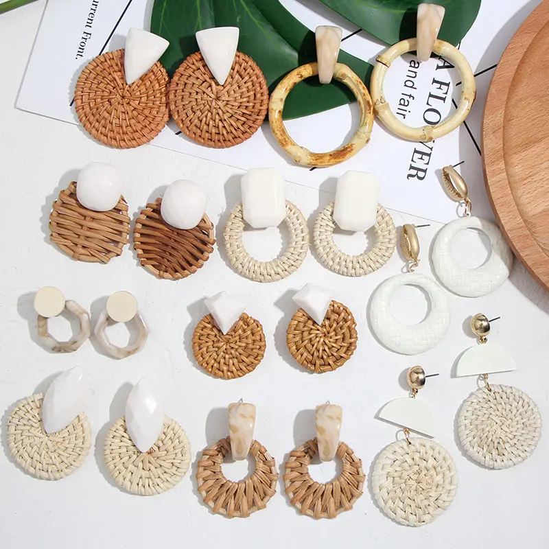 

Flatfoosie New Korea Round Drop Earrings for Women Natural Geometric Wooden Bamboo Straw Weave Rattan Knit Vine Beach Earring