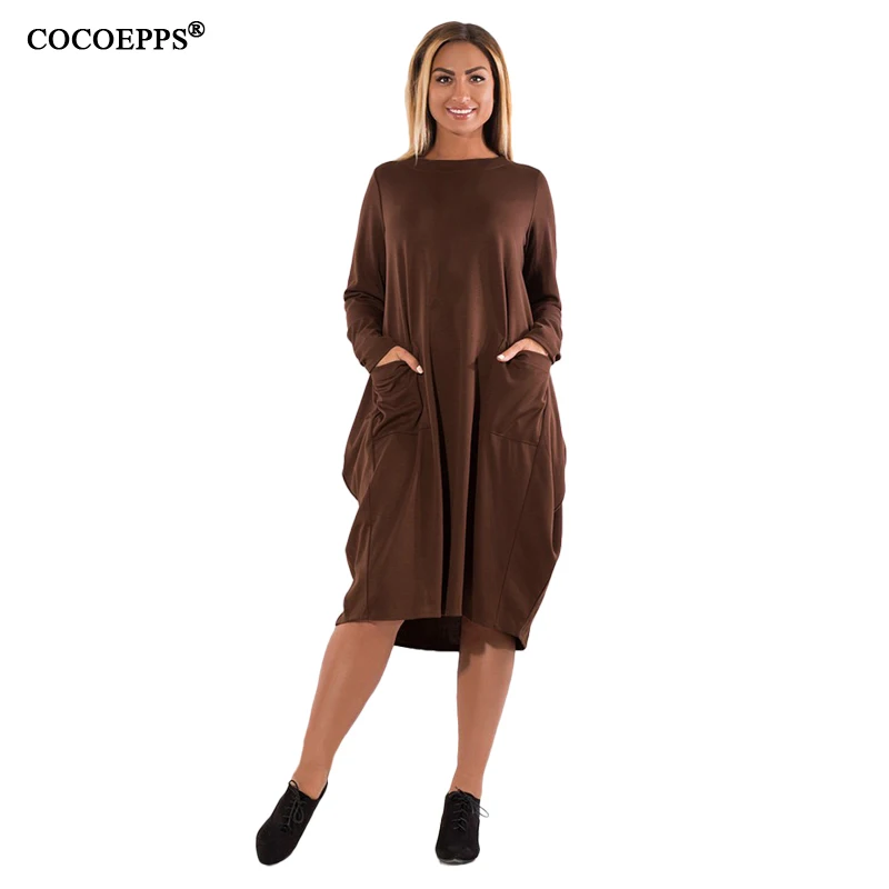 brown COCOEPPS L-6XL женское платье большого размера с длинным рукавом осень зима женская одежда желтого размера плюс Элегантное повседневное свободное платье - Цвет: brown