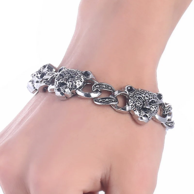 Модный браслет цепочка с леопардовой головкой крутой посеребренный для мужчин и