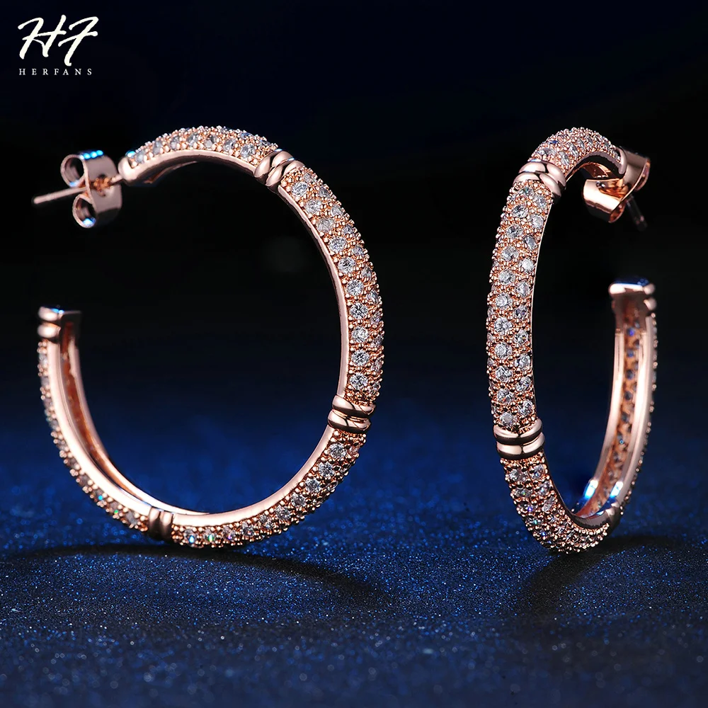Big Hoop Earrings For Women Rose Gold Color High Quality Austrian Cubic Zirconia Inlaid Luxury Fashion jewelry HotSale E617 | Украшения и