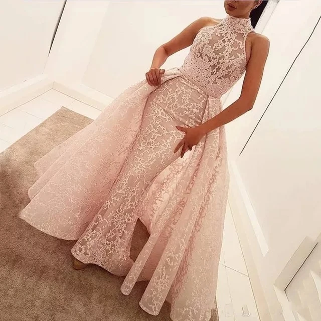 

Vestidos De Gala Sexy High Neck Lace Mermaid Evening Dresses Long Elegant Pink Tulle Applique Overskirts Formal Party Dress