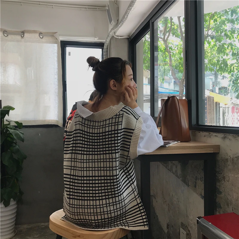 Hzirip Sweet Knitted Spliced Sweater 2018 Autumn Winter Pullover Women Lantern Sleeve Tops V-Neck Plaid Casual Female Jacket | Женская