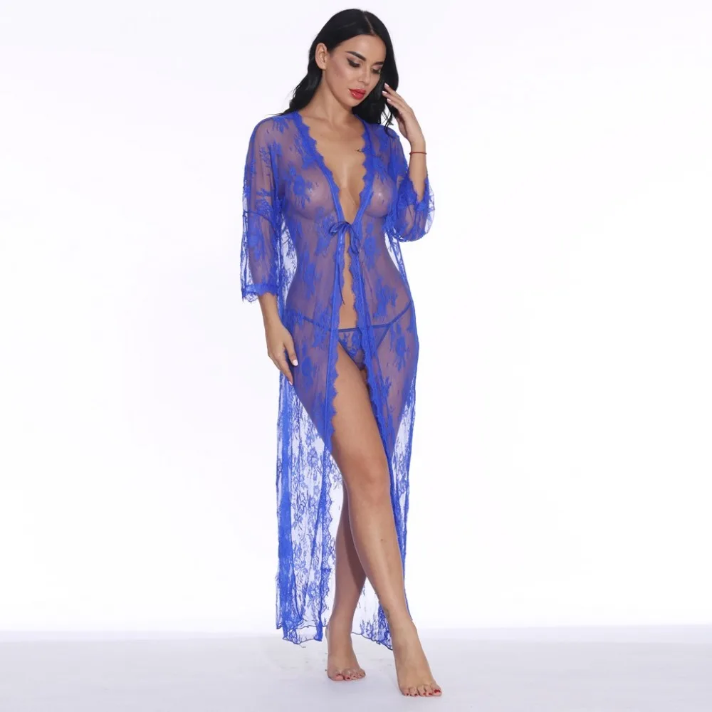 Женское Сексуальное белье Babydoll, эротический халат, ночная Пижама с тонкими прозрачными длинными рукавами, кружевное ночное белье, ночной кардиган, Халат