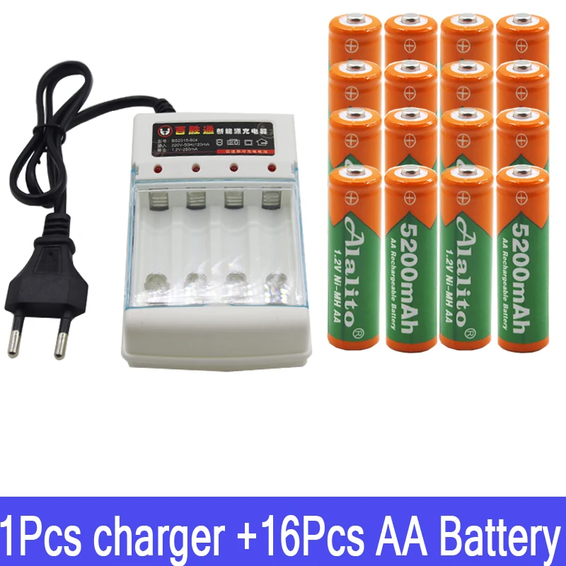 Alalito 5200mAh NI MH AA предварительно Заряженная NI-MH аккумуляторная батарея aa для игрушек камеры батареи для микрофона+ зарядное устройство