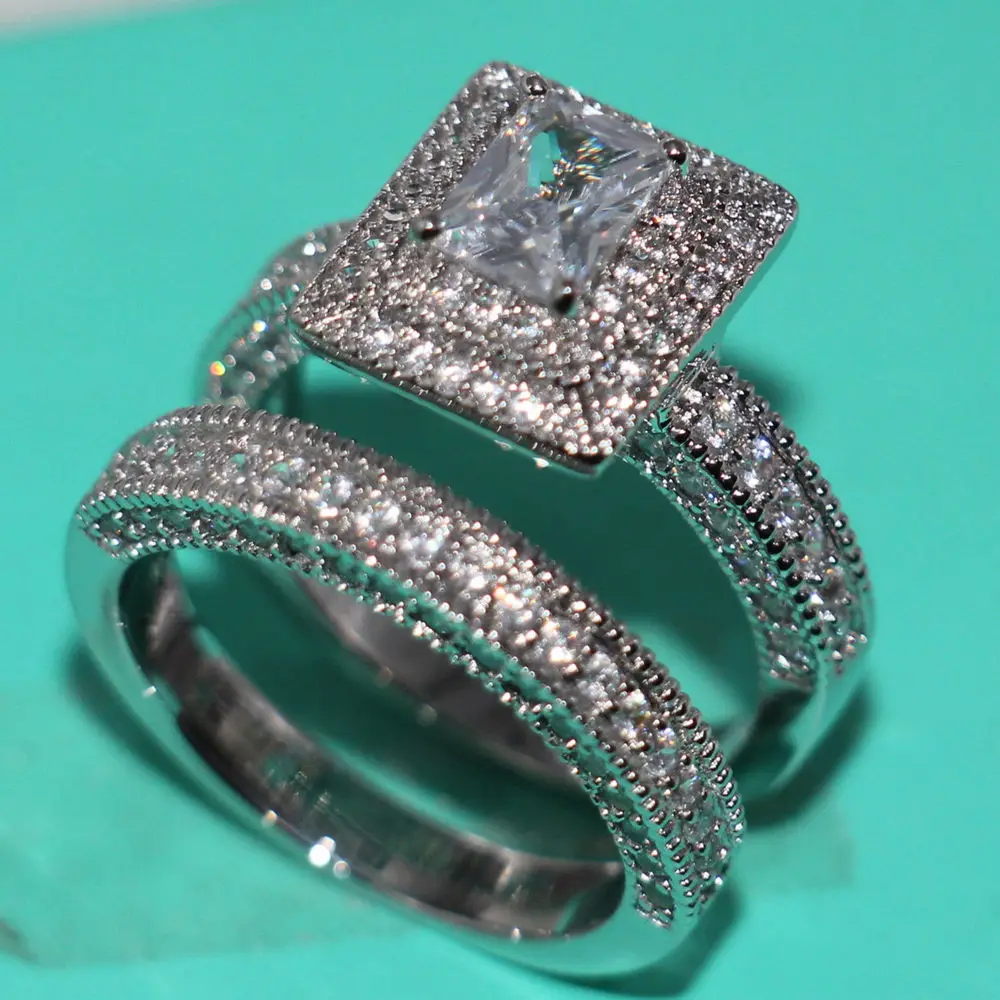 Винтажное обручальное кольцо с фианитом 4 карата 14 карат|ring set|princess cutwhite gold |