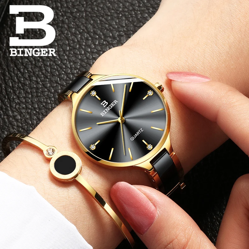 Fashion Women Watches Top Brand Luxury BINGER Ultra thin Ladies Watch Sapphire Ceramic Strap Waterproof Quartz Dress Watch Women