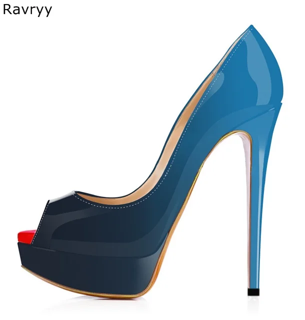 Женские классические туфли на высоком каблуке синие черные с открытым носком