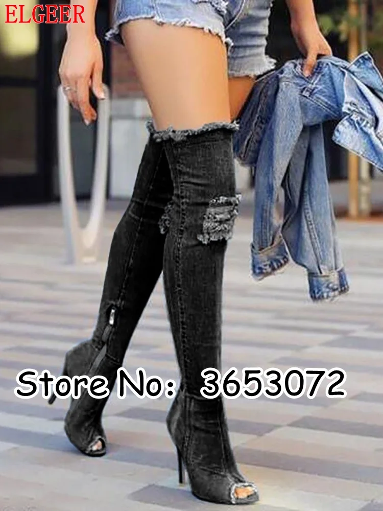 Джинсы женские ботинки с открытым носком на тонком каблуке туфли лодочки