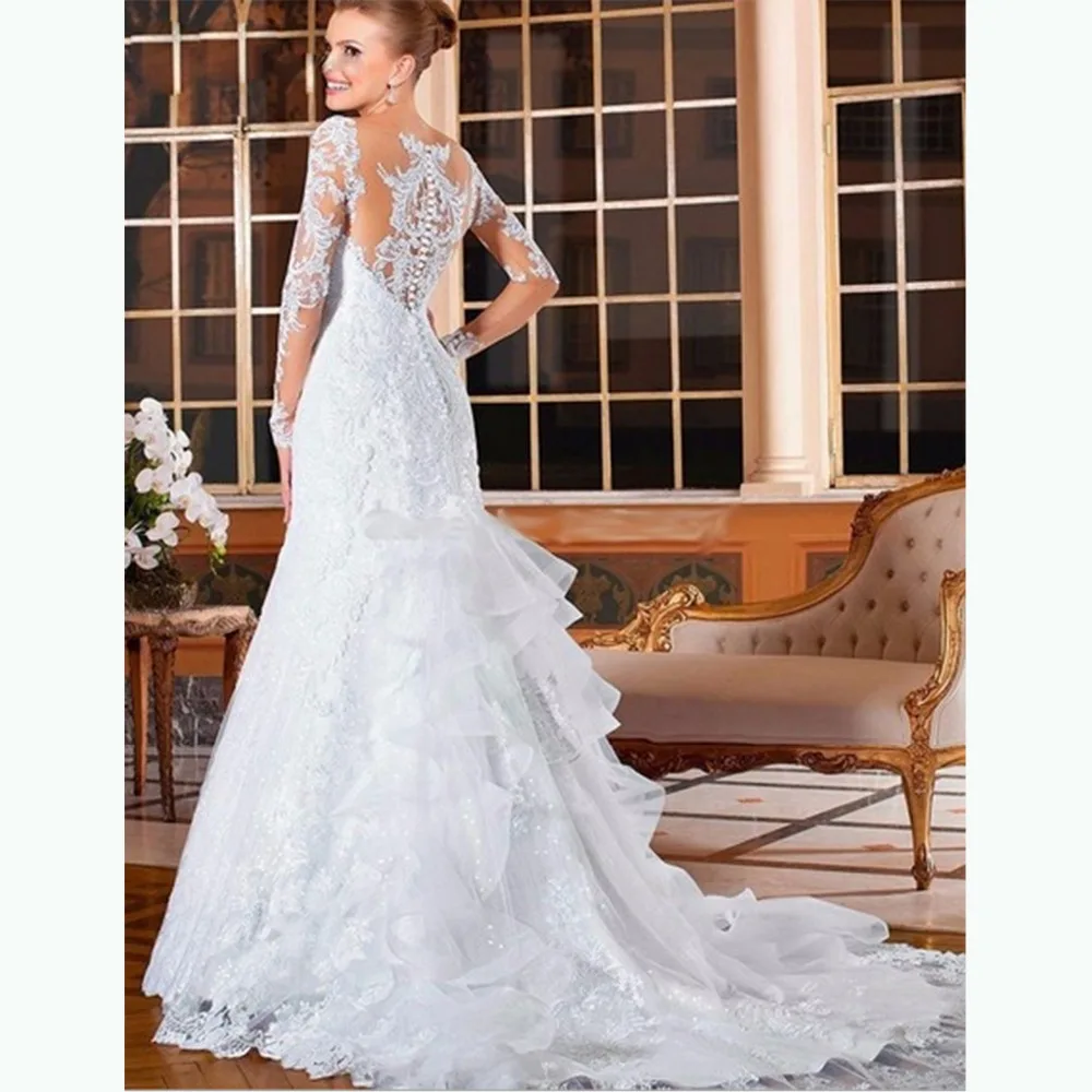 

ANTI Vestido de noiva Sexy Long Sleeves Lace Wedding Dress 2019 New Illusion Beading Mermaid Robe de mariee Custom Bride Dress