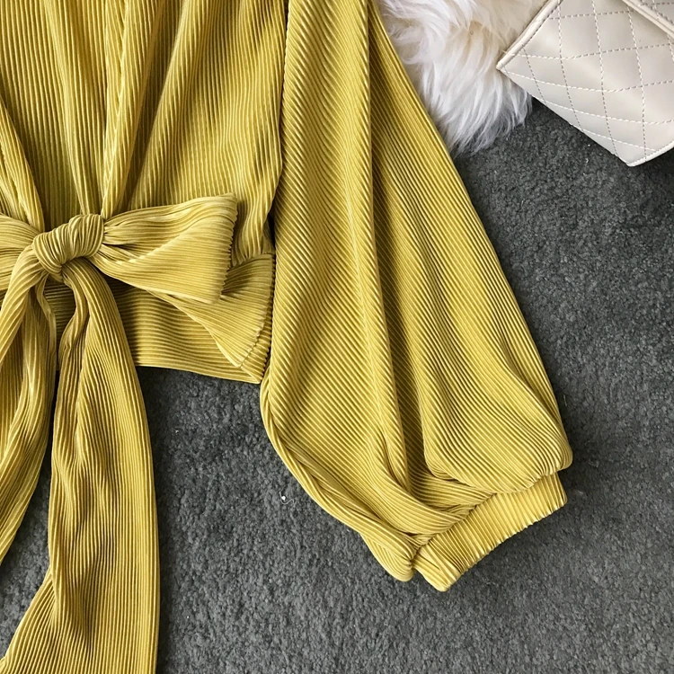 ALPHALMODA, весна-лето, плиссированные шифоновые блузки с v-образным вырезом, галстук-бабочка, пояс, рукав-фонарик, Женская однотонная модная одежда