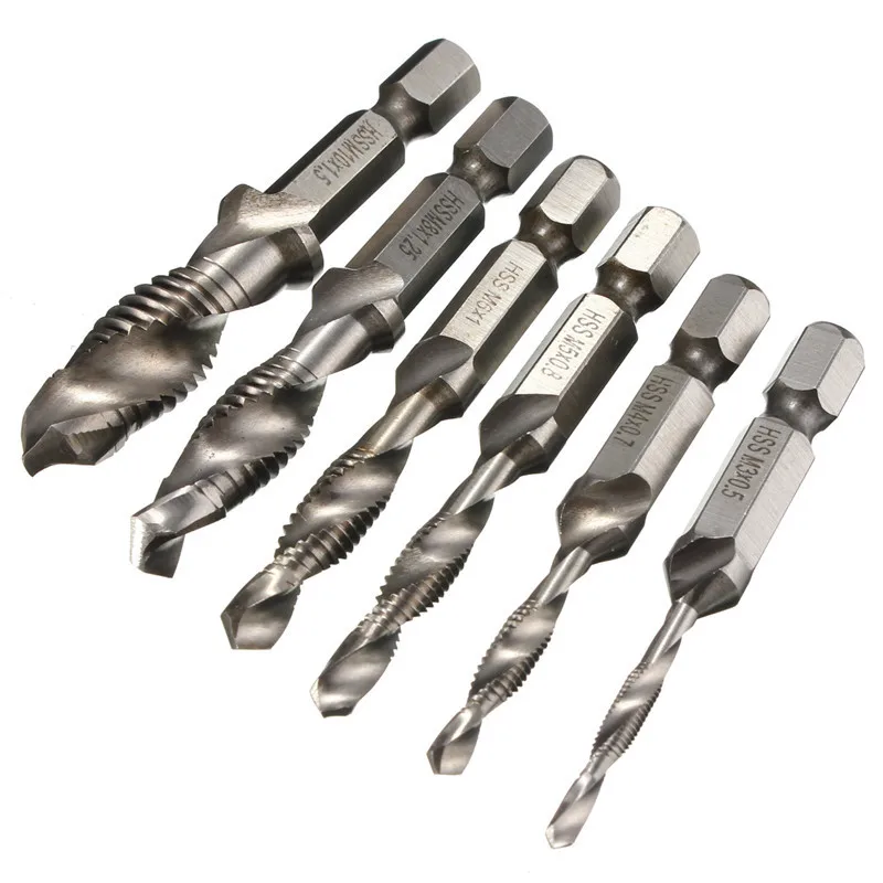 

6pcs M3-M10 Composite Tap Drill Bit Thread Spiral Screw Tap 1/4'' Hex HSS Drilling Power Tool