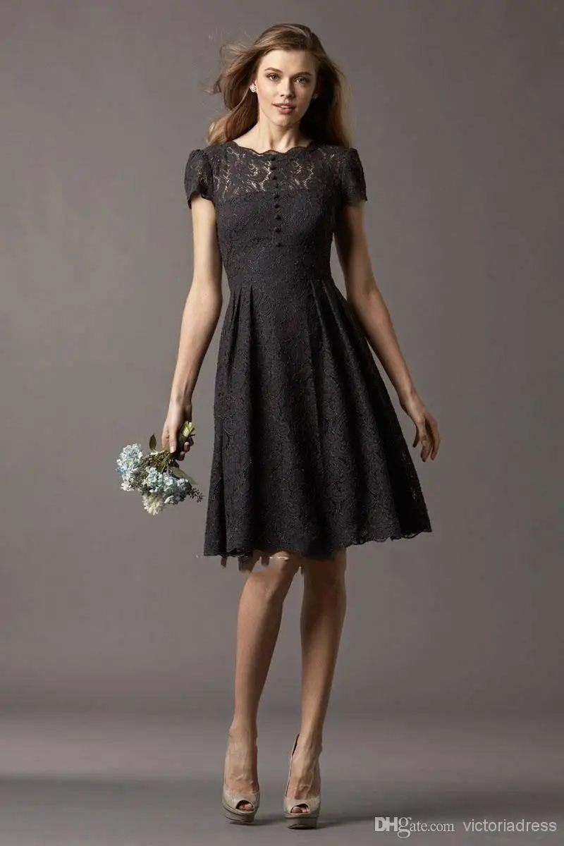 Splendid Short Sleeve Cheap Lace Bridesmaid Dresses Jewel Black Knee Length A Line V Back Sexy Elegant Hot Bridemaids Wed | Свадьбы и