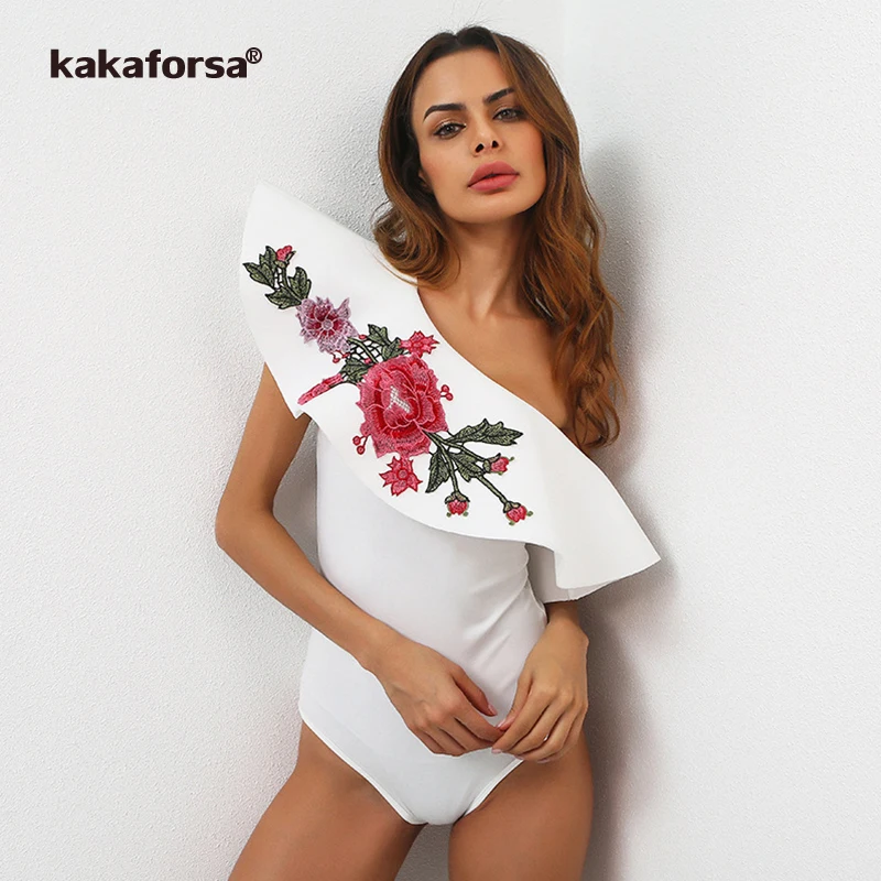 Слитный купальник с цветочной вышивкой Kakaforsa соблазнительное боди на одно плечо