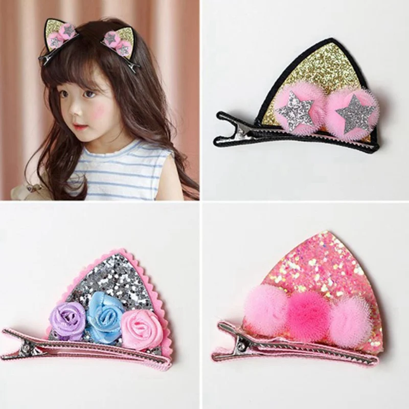 2pcs/Set Children Girls Cute Hair Clips Lovely Fashion Cat Ears Bunny Kids Accessories Pompom Glitter Flowers Hairpins | Мать и ребенок