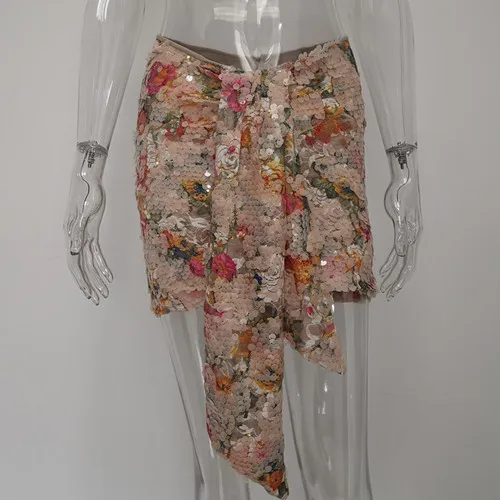 floral Cakucool элегантные длинные юбки с пайетками женские шикарные Асимметричные спереди прямая драпированная короткая юбка со складками сексуальные Клубные вечерние костюмы юбки - Цвет: floral