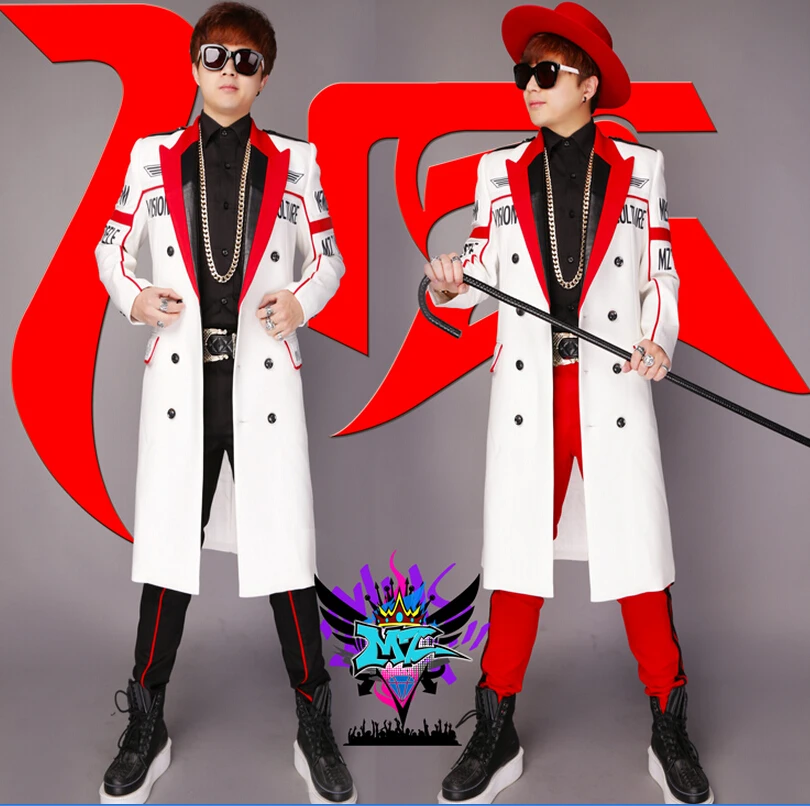 

Newest Bigbang Stage Show Coat MEN Singers DJ Fashion Slim Red White Letter Long Suit Jacket Dress Clothing Costumes S-5XL
