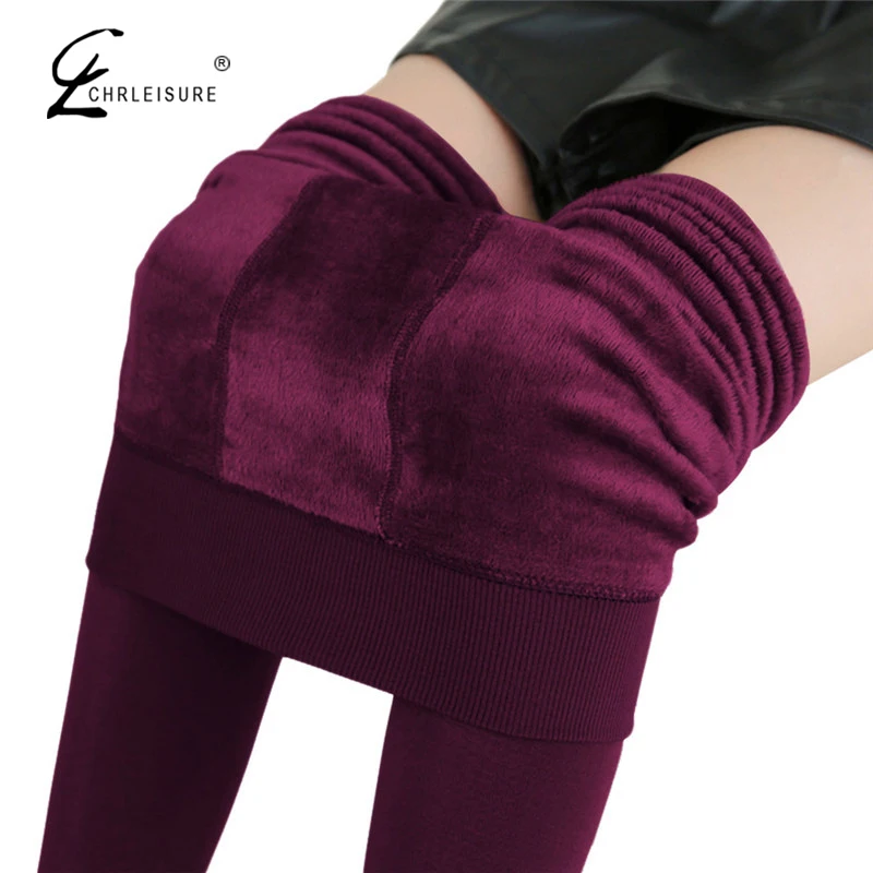 CHRLEISURE High Waist Warm Leggings Women Winter Elasticit Leggings Thicken Stretch Leggins Solid Velvet Jeggings Female