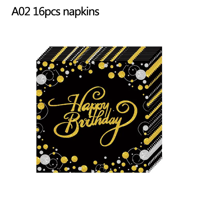 A02 napkins 18/21/31/40/50th черный золотой счастливый посуда для вечеринки в честь Дня Рождения наборы скатерть чашки тарелки салфетки Свадебные принадлежности для юбилейной вечеринки - Цвет: A02 napkins