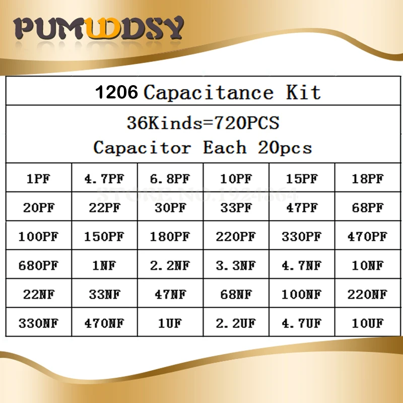 1206 SMD конденсатор Ассорти Комплект 36 значений * 20 шт = 7 1пф ~ 10 мкФ Образцы комплект