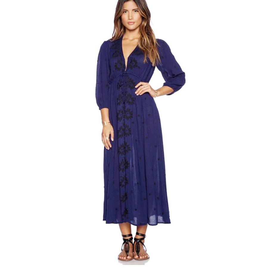 Женское винтажное платье с цветочной вышивкой TEELYNN Boho повседневное длинное