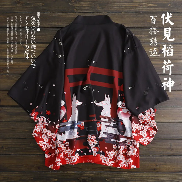 Японский свободный банный халат fusimi Inari Patronus fox черный цвет haori летнее