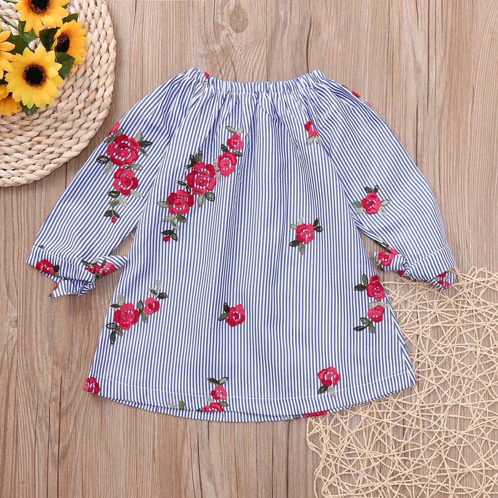 Toddler Cotton Infant Baby Girls Embroidery Floral Striped Princess Dresses Long Sleeve Outfits vestido Autumn | Детская одежда и