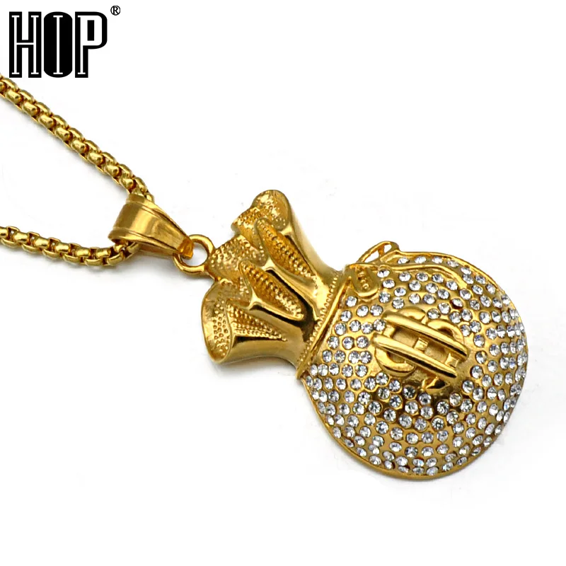 Хип-хоп Золото Цвет Нержавеющая сталь Iced Out Bling доллар США кошелек подвески
