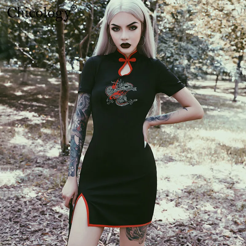 Chicology Готическая винтажная вышивка женская мини-футболка платье 2019 летняя