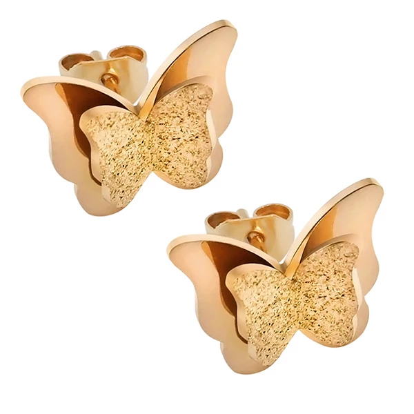 Rose Gold Трендовые серьги из нержавеющей стали для женщин и детей цвета розового золота матовые Двойные серьги-бабочки серьги-гвоздики подарок ювелирные изделия - Окраска металла: Rose Gold