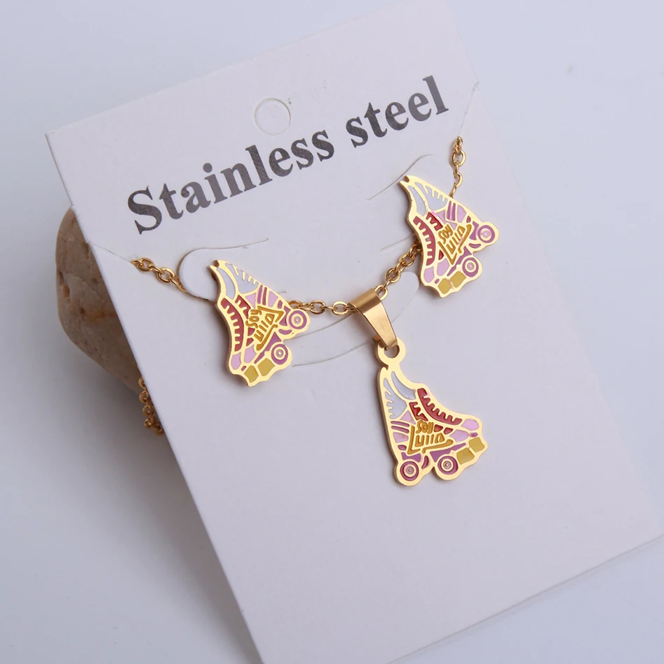 

Gloden Color Stainless Steel Necklace/Earrings Sets New Design Ice Skate Wedding Jewelry Sets for Women CER0003