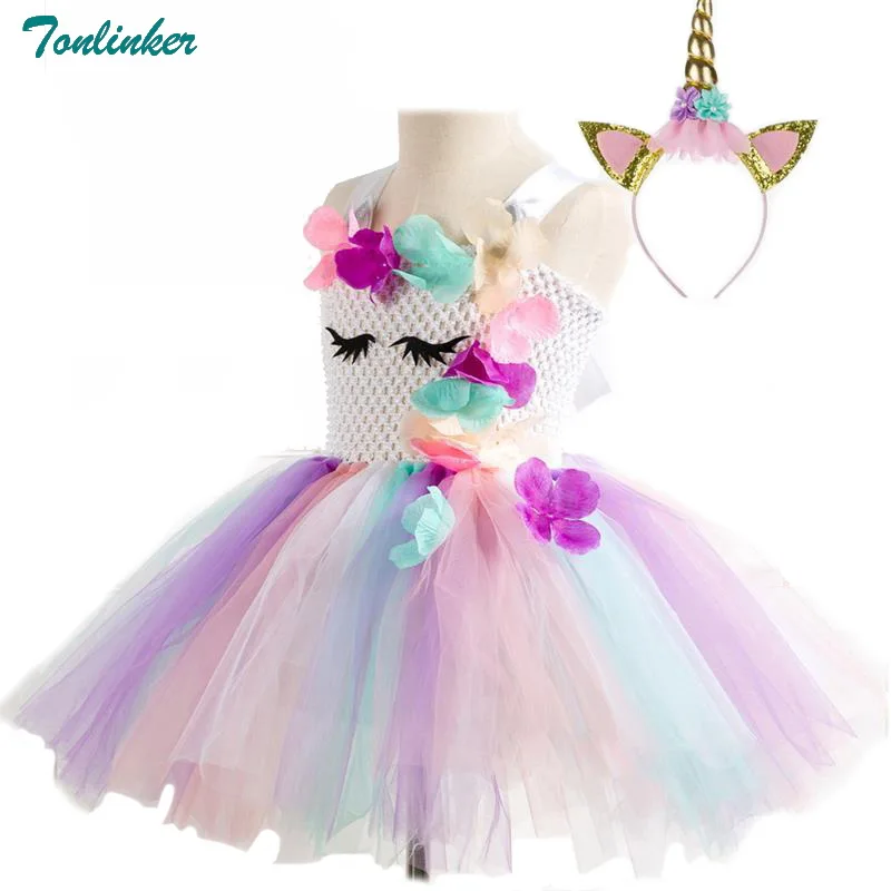 

Flower Girls Unicorn Tutu Dress Pastel Rainbow Princess Girls Birthday Party Dress Children Kids Cosplay Unicorn Costume 2-10Y