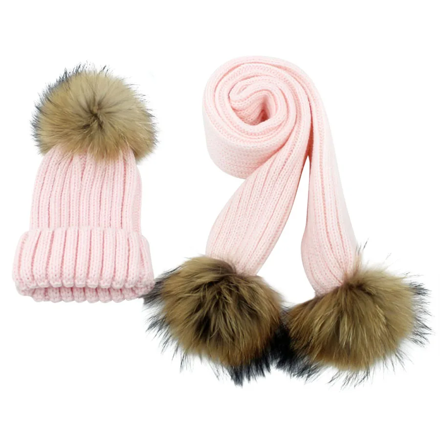 pink Детский вязаный шарф и шапка, комплект, Роскошные зимние теплые вязаные шапки и шарфы с натуральным мехом, Шапка-бини для мальчиков и девочек - Цвет: pink