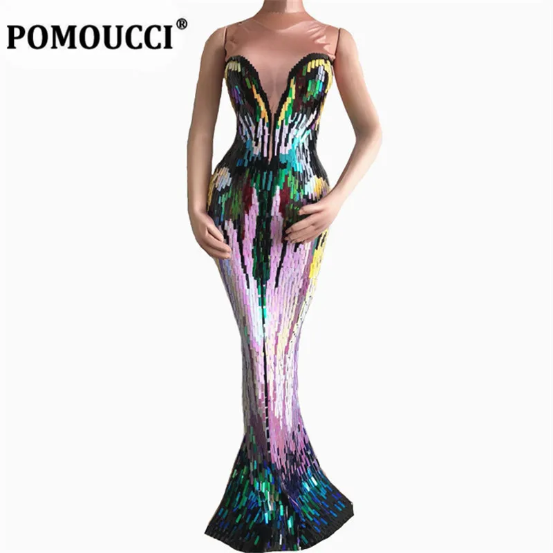 

Women New Colorful Sequins Long Dress Evening Party Wear Luxurious Stretch Dress Prom Birthday Celebrate Female Singer Dresses