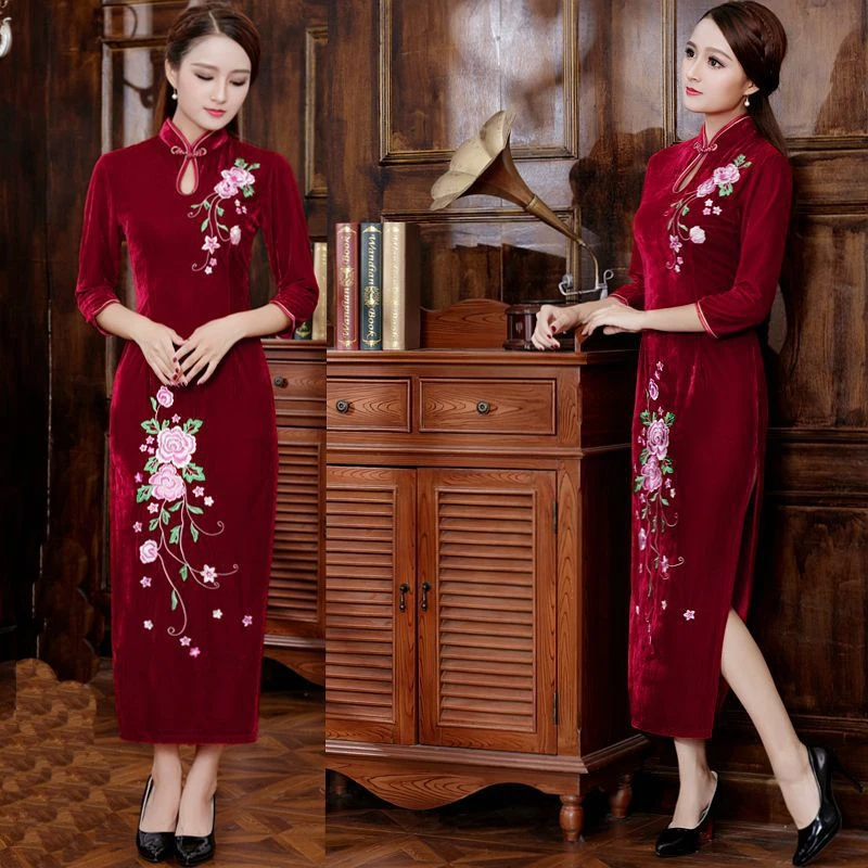 Большие размеры XXXL Бургундия женский Qipao осень зима бархат длинный Cheongsam вышивка цветок традиционное китайское платье Vestidos