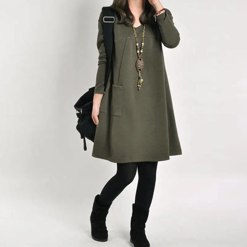 Винтажное Женское зимнее платье с v образным вырезом длинным рукавом свободное