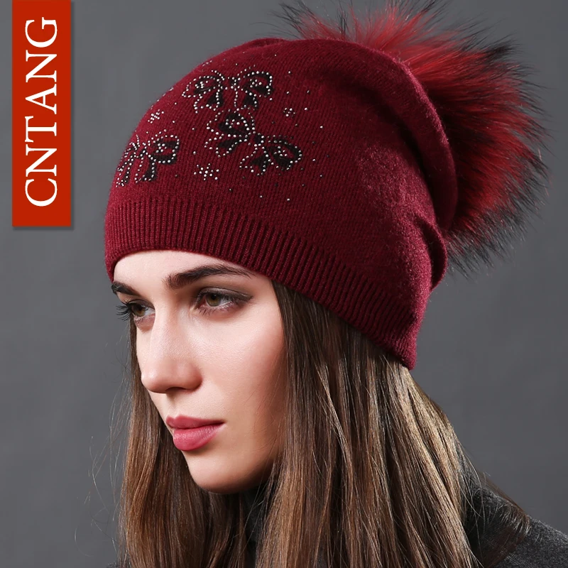CNTANG головные уборы из натурального меха енота помпон шляпки с бантом осень зима