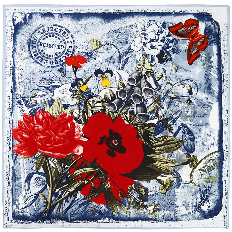 POBING 100% Silk Scarf Women Spain Large Shawls Flowers Print Stoles Square Bandana Luxury Kerchief Female Foulards 130CM |
